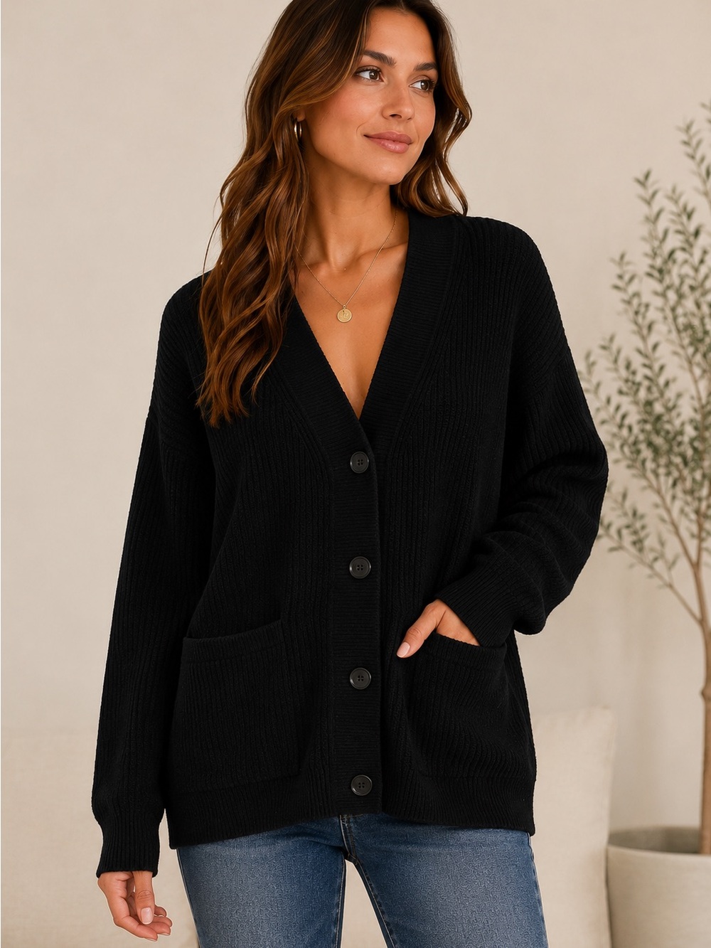 Babaton 100% Merino Wool Ribbed Cardigan Sweater Size Small Minimalist